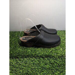 Lottas From Stockholm Wooden Clogs Swedish Slip On Black Leather Womens Size 38